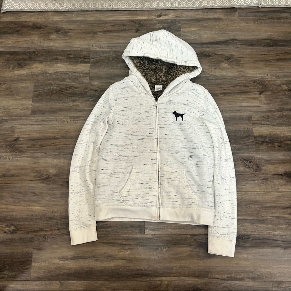 PINK Victoria's Secret Heathered White Hoodie with Black Sequin Logo - Picture 2 of 7
